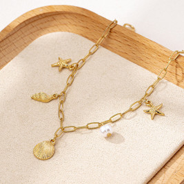 Gold Tone Shell & Starfish Jewellery Set | Beach Choker Necklace & Bracelet for Women | Summer Holiday Vacation Jewelry | Nautical Ocean Charm Set | Dainty Gifts for Her